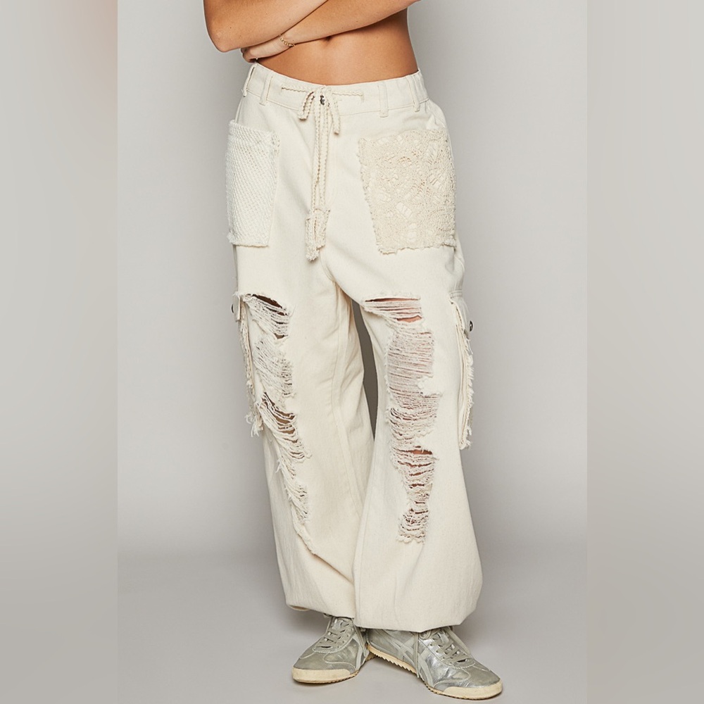 POL Cream Distressed Joggers